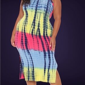 Plus Tie-Dye Bodycon Midi Dress in Neon Blue, Yellow & Pink